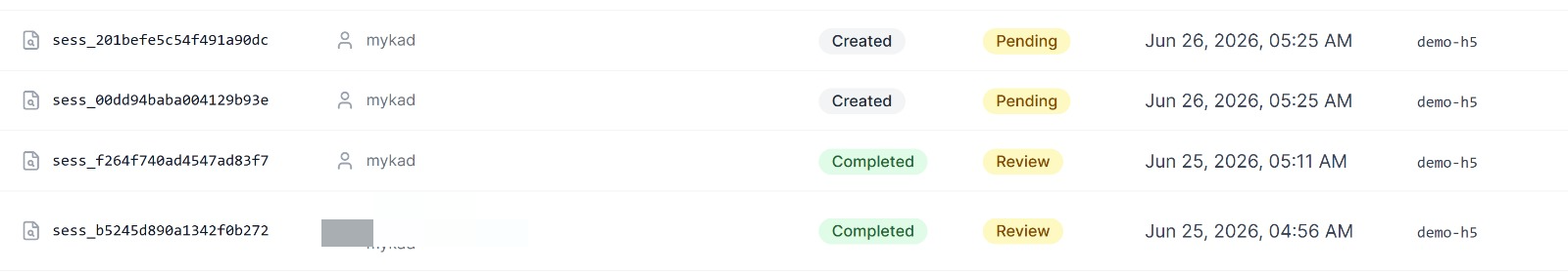 iVerifier.ai portal — sessions list with status and decision